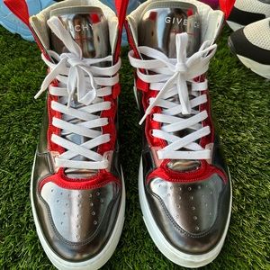 Givenchy Metallic Silver &Red High-Top “Wing” Sneakers